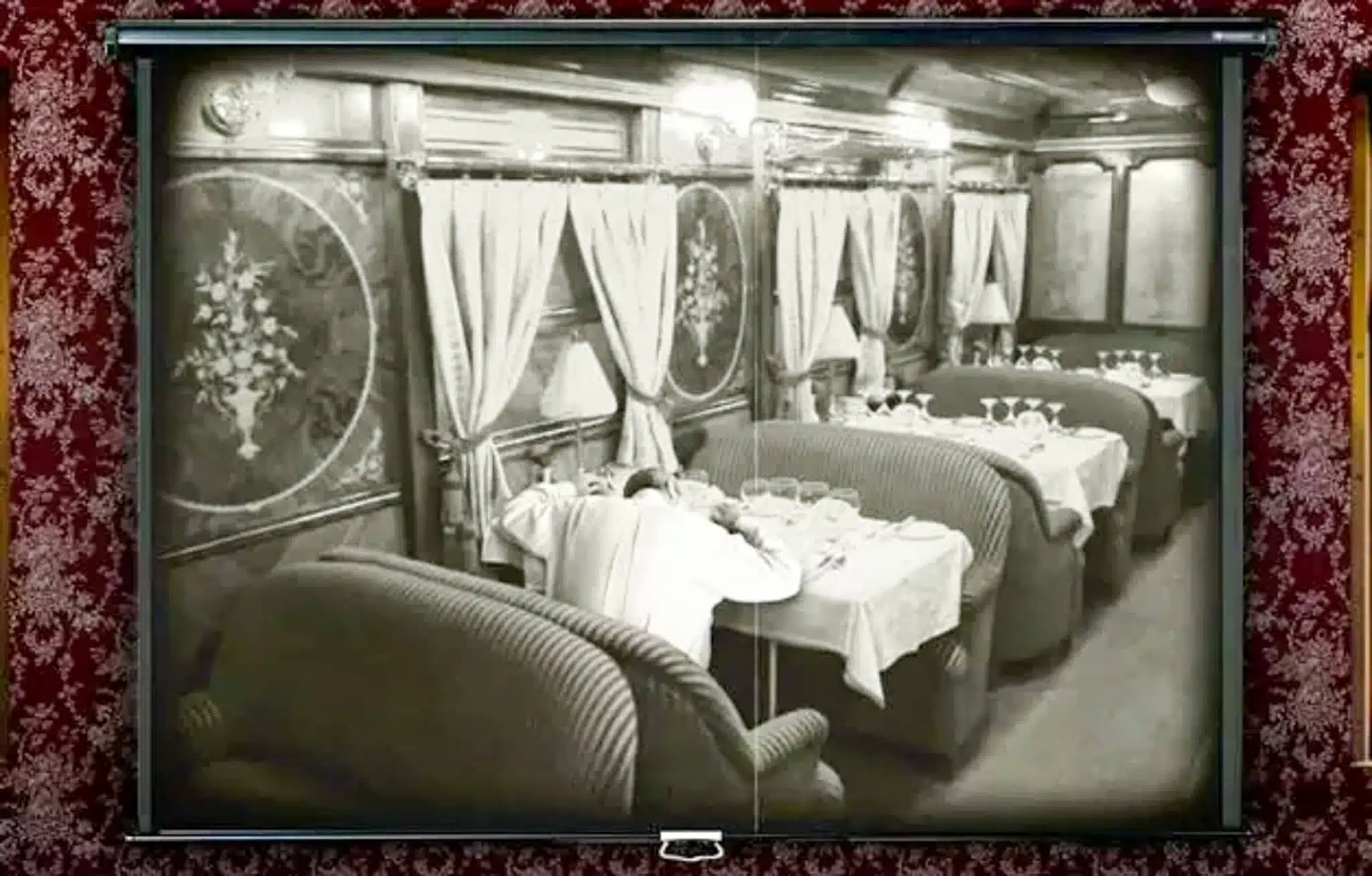 An old image of a train restaurant