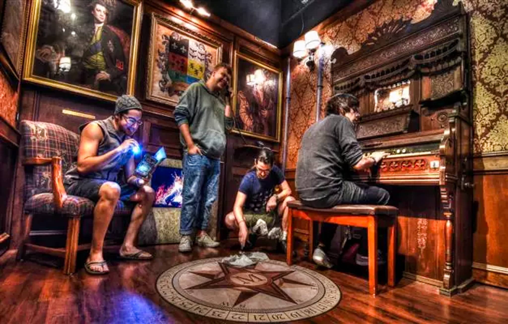 A group searching for clues in an escape game